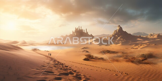Formations and rock formations in the Arabian desert, golden sand dunes, topography of rocks and mountains, view of clouds in the sky at sunset and in the background an Arab village consisting of several houses