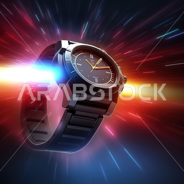 ساعة ذكية مع مصباح يدوي يشع شعاع ضوء واحد من الساعة, ساعة يد رجالية سوداء اللون, تصاميم عصرية وحديثة , عقارب الدقائق والثواني , هدية رجالية أنيقة, خلفية ملونة .