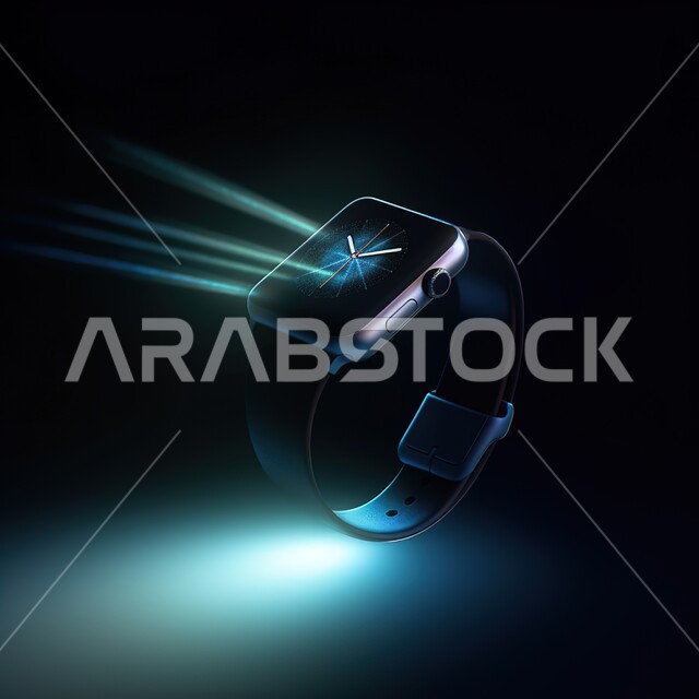 تصاميم عصرية وحديثة ,ساعة ذكية تشع شعاع ضوء واحد من الساعة, ساعة يد رجالية سوداء اللون, عقارب الدقائق والثواني , هدية رجالية أنيقة, خلفية سوداء.