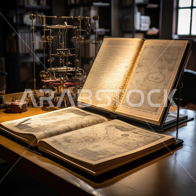 كتاب  كبير مفتوح يحتوي على نصوص ورسوم بيانية على مكتب في مكتبة, كتب علميه قديمه اثريه تاريخيه , مفهوم الثقافة والتعلم, استعارة الكتب والمطالعة