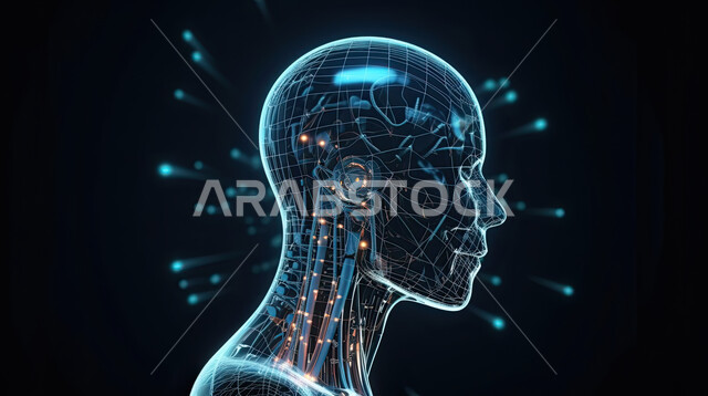 مجسم ثلاثي الابعاد لرجل آلي ذات تقنيه وتكنولوجيا عاليه, روبوت ذكي, تقدم الذكاء الاصطناعي, رسوم بيانيه هولوجرامية ثلاثية الابعاد, برمجة وتحديث تقنية الذكاء الاصطناعي, روبوتات متطوره, تكنولوجيا المستقبل, التحول الرقمي .