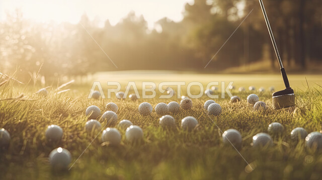 صورة مقربة لمجموعة من كرات الجولف على مساحات واسعة خضراء وقت غروب الشمس, انشطه رياضيه ترفيهيه، هواية لعبة الجولف, رياضات الالعاب الاولمبية الصيفية, أنشطة ترفيهية, التدرب على اللعب في ملعب الغولف .