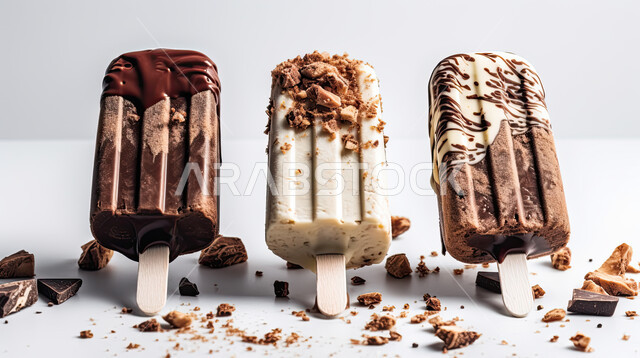 حلويات صيفية باردة, آيس كريم بالعود الخشبي بالشوكولا و الحليب, مرطبات صيفية , ايس كريم طازج, خلفية بيضاء