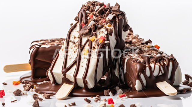 Fresh ice cream, wooden stick ice cream with chocolate and milk, summer refreshments, cool summer desserts, white background