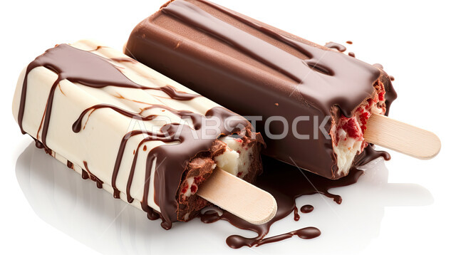 آيس كريم بالعود الخشبي بالشوكولا و الحليب, مرطبات صيفية , حلويات صيفية باردة, ايس كريم طازج, خلفية بيضاء