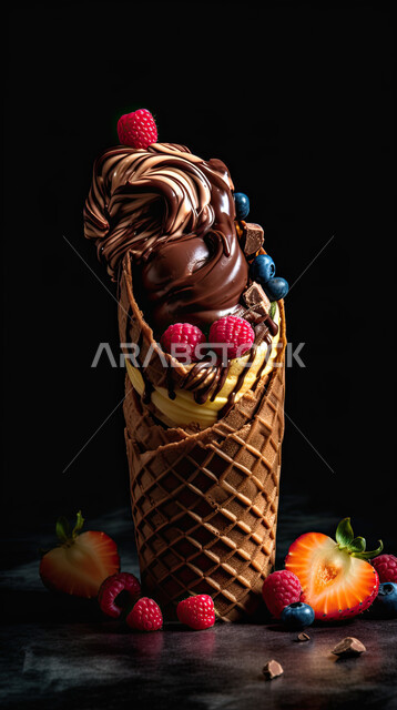 حلويات صيفية باردة, قمع البسكويت المليء  بآيس كريم الشوكولاته, مرطبات صيفية ,  بسكويت الآيس كريم بالشوكولاوالفواكه المتنوعة, ايس كريم طازج, خلفية سوداء