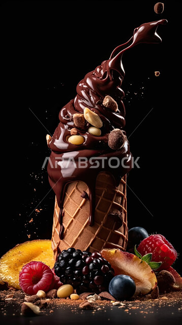 مرطبات صيفية ,قمع البسكويت المليء  بآيس كريم الشوكولاته, بسكويت الآيس كريم بالشوكولا  والفواكه المتنوعة, حلويات صيفية باردة, ايس كريم طازج, خلفية سوداء