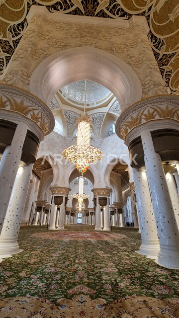 صورة من داخل مسجد الشيخ زايد الكبير في إمارة ابو ظبي في الامارات العربية المتحدة ليلا، تصاميم وديكورات معمارية داخلية اسلامية، الفن الهندسي المعماري، معالم الامارات المشهورة، اماكن اسلامية مقدسة في الامارات