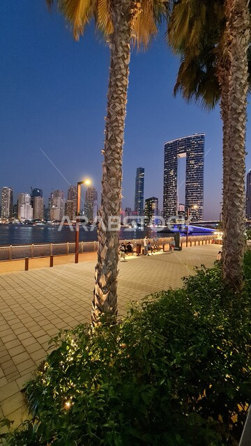 صورة مقربة لجذوع النخلة مع الاشجار الخضراء، فندق العنوان سكاي فيو في مدينة دبي في الامارات، معالم الامارات، الابراج وناطحات السحاب، الفن الهندسي المعماري، السياحة في الامارات