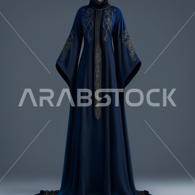عباءة خليجية زرقاء بتصاميم عصرية فاخرة، تصاميم عصرية فاخرة، الموضة والاناقة والجمال، أزياء وإكسسوارات انيقة للمحجبات، موديلات عبايات واثواب وجلابيات خليجية بالوان مميزة، خلفية رمادية