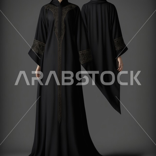Models of Gulf abayas, dresses and jalabiyas in distinctive colors, black Gulf abayas with luxurious modern designs, fashion, elegance and beauty, elegant fashion and accessories for veiled women, gray background