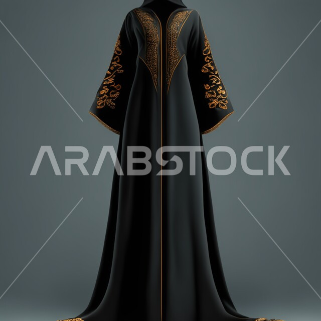عباءة خليجية سوداء مطرزة باللون البرونزي، تصاميم عصرية فاخرة، الموضة والاناقة والجمال، أزياء وإكسسوارات انيقة للمحجبات، موديلات عبايات واثواب وجلابيات خليجية بالوان مميزة، خلفية رمادية