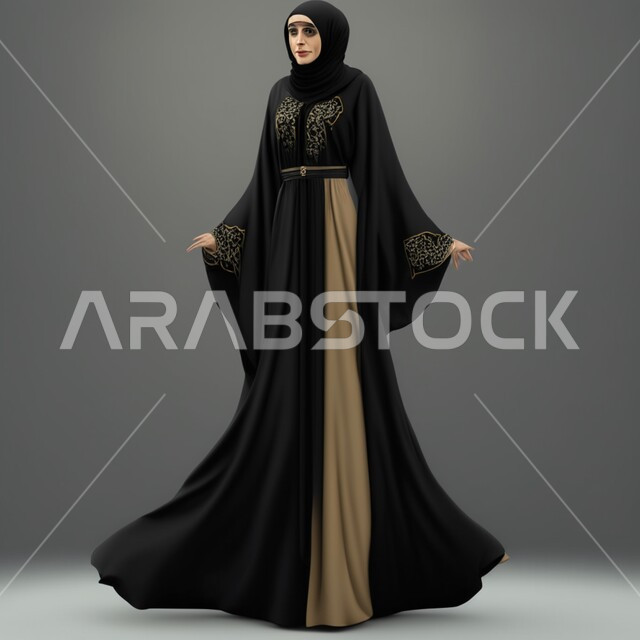 موديلات عبايات واثواب وجلابيات خليجية بالوان مميزة، عباءة خليجية سوداء مطرزة باللون البيج، تصاميم عصرية فاخرة، الموضة والاناقة والجمال، أزياء وإكسسوارات انيقة للمحجبات، خلفية رمادية