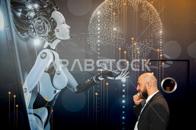 Artificial intelligence technologies and advanced robots, a businessman at the LEAP 2023 technical conference in Riyadh, Saudi Arabia, a global platform for future technologies and artificial intelligence, technical progress and modern innovations, toward