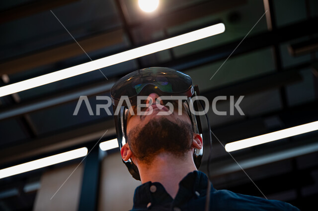 A global platform for future technologies and artificial intelligence, a close-up of a businessman wearing 3D virtual reality glasses, the LEAP Technical Conference 2023 in Riyadh, Saudi Arabia, technical progress and modern innovations, towards new horiz