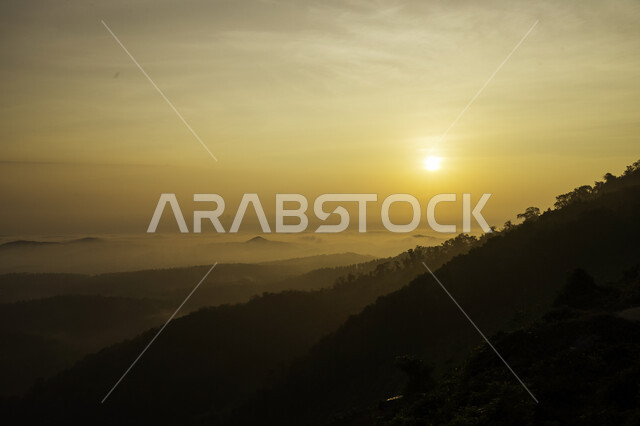 منظر الطبيعة أثناء الشروق, صورة ظلية للجبال والطبيعة وقت شروق الشمس,  خلفية الطبيعة, سلوليلت