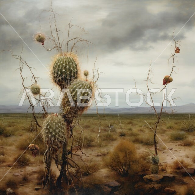 نبته الصبار في وسط الصحراء نهارا, النباتات الشوكية, السماء الملبدة في الغيوم, الكثبان الرملية, خلفية الطبيعة الصحراوية .