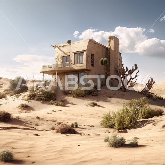 الكثبان الرملية, نبته الصبار في وسط الصحراء نهارا, النباتات الشوكية, السماء الملبدة في الغيوم,  خلفية الطبيعة الصحراوية .