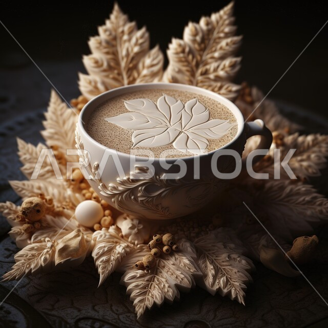 كوب  مزخرف من حليب القهوة على المنضدة , زخارف على شكل ورقة الشجر, مشروبات ساخنة لذيذة, فنجان القهوة الساخن .