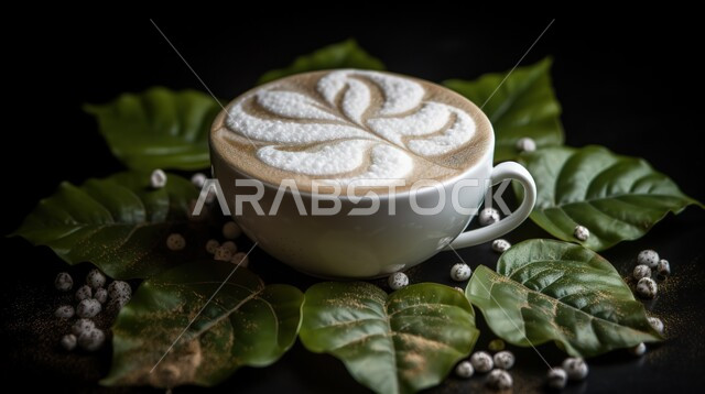 كوب  مزخرف من حليب القهوة على المنضدة , زخارف بأوراق الشجر, مشروبات ساخنة لذيذة, فنجان القهوة الساخن .
