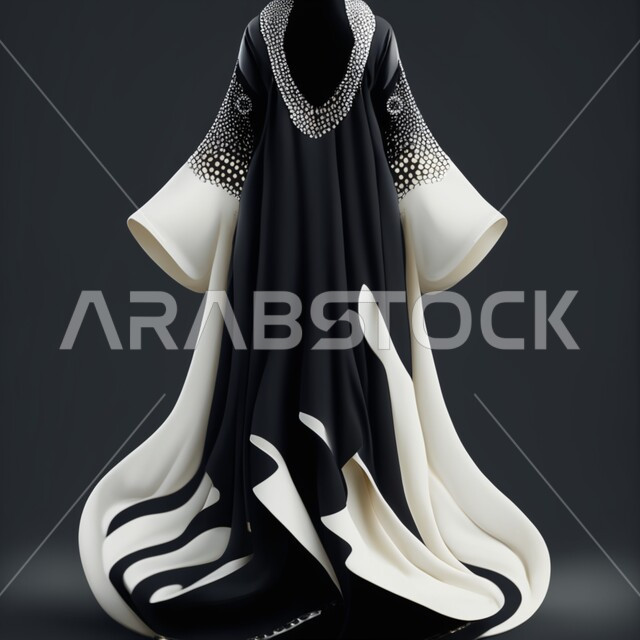 أثواب وجلابيات للمحجبات,عباءه خليجية فاخرة ذات اللون الاسود مع اللؤلؤ , عبايات نسائية بتصاميم عصرية مميزة، الموضة والاناقة، ازياء محجبات، خلفية سوداء