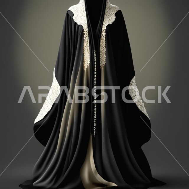 Luxurious Gulf abayas of black color combined with white and pearls, jalabiyas and gowns for veiled women, abayas for women with distinctive modern designs, veiled fashion, gray background
