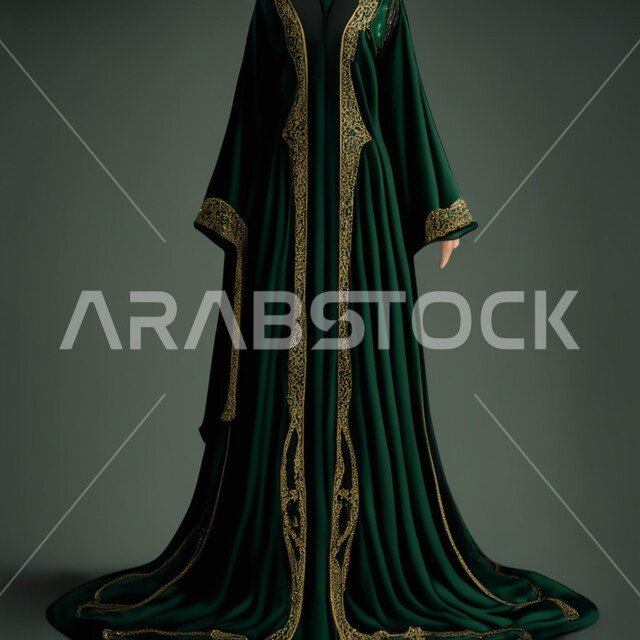  عبايات نسائية بتصاميم عصرية مميزة، عباءه خليجية فاخرة ذات اللون الملكي الزمردي ,ازياء محجبات انيقة، أثواب وجلابيات للمحجبات و الموضة والأزياء , خلفية رمادية