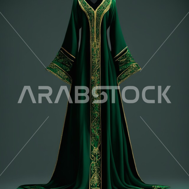 تصاميم عصرية مميزة للعبايات النسائية، عباءه خليجية فاخرة ذات اللون الملكي الزمردي , ازياء محجبات انيقة، أثواب وجلابيات للمحجبات و الموضة والأزياء , خلفية رمادية