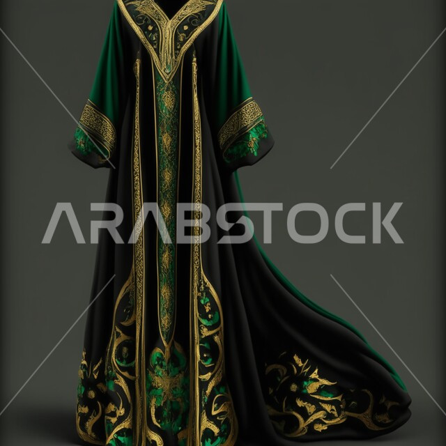 تصاميم مميزة عصرية للعبايات النسائية، عباءه خليجية فاخرة ذات اللون الملكي الزمردي , ازياء محجبات انيقة، أثواب وجلابيات للمحجبات و الموضة والأزياء , خلفية رمادية