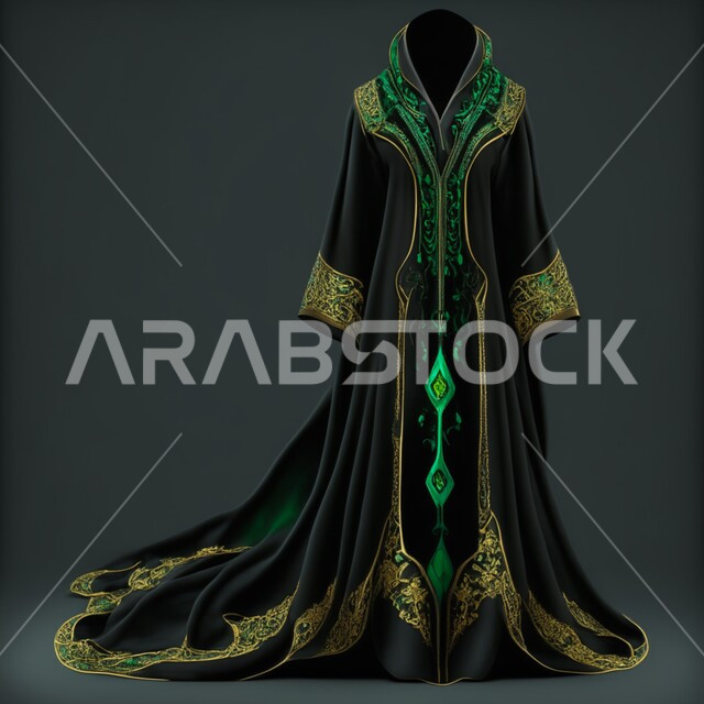 عباءات نسائية بتصاميم عصرية مميزة، عباية خليجية فاخرة ذات اللون الملكي الزمردي , ازياء محجبات انيقة، أثواب وجلابيات للمحجبات , خلفية سوداء