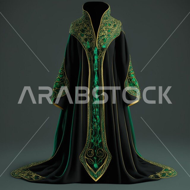 عباءات نسائية مبتكرة بتصاميم عصرية مميزة، عباية خليجية فاخرة ذات اللون الملكي الزمردي , ازياء محجبات انيقة، أثواب وجلابيات للمحجبات, خلفية سوداء