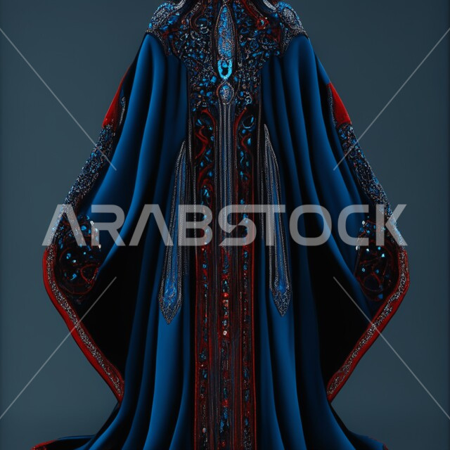  عباية خليجية فاخرة ذات اللون الكحلي و الاحمر , عباءات مبتكرة نسائية بتصاميم عصرية مميزة، ازياء محجبات انيقة، أثواب وجلابيات للمحجبات و الموضة والأزياء , خلفية زرقاء