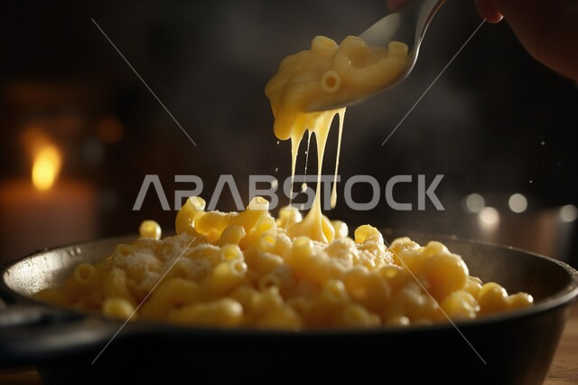مأكولات سريعة و عربيه, صورة مقربة لاستخراج المعكرونة و الجبن الذائب بالملعقه من المقلاة الساخنة, وجبات الطعام الشهية اللذيذة , خلفية سوداء