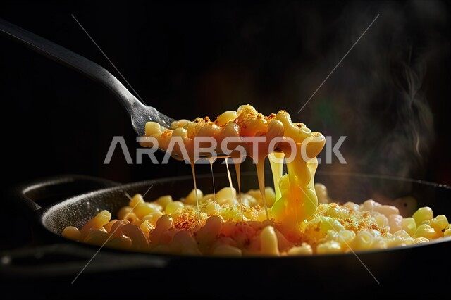 صوره مقربة لاستخراج المعكرونة و الجبن الذائب بالملعقه من المقلاة الساخنة, مأكولات سريعة و عربيه, وجبات الطعام الشهية اللذيذة , خلفية سوداء
