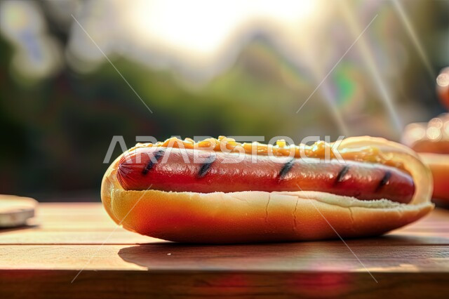 ساندوتش النقانق المشوية على الطاولة في الهواء الطلق في الطقس المشمس, اكلات عربية شرقية, وجبات الطعام اللذيذة الشهية السريعه, مطعم المشاوي, خلفية الطبيعه . 