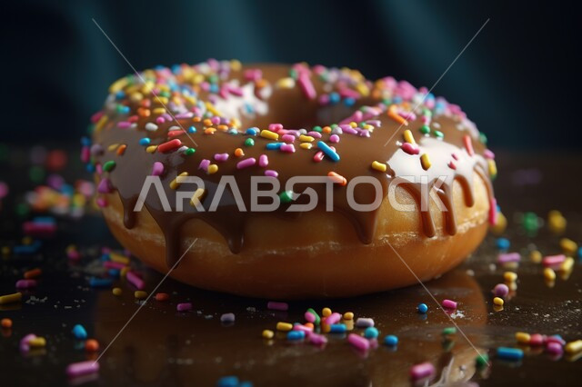  حلا الدونات المدور مع الشوكولاته والحبوب الملونة, حلا القهوه, حلويات هشة طازجة, قطع من السكريات اللذيذة الشهية , خلفية سوداء