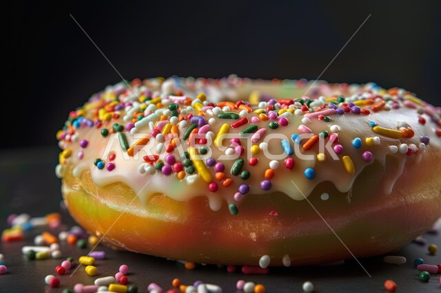 صورة مقربه  لحلا الدونات المدور مع الشوكولاته والحبوب الملونة, حلا القهوه, حلويات هشة طازجة, قطع من السكريات اللذيذة الشهية , خلفية سوداء