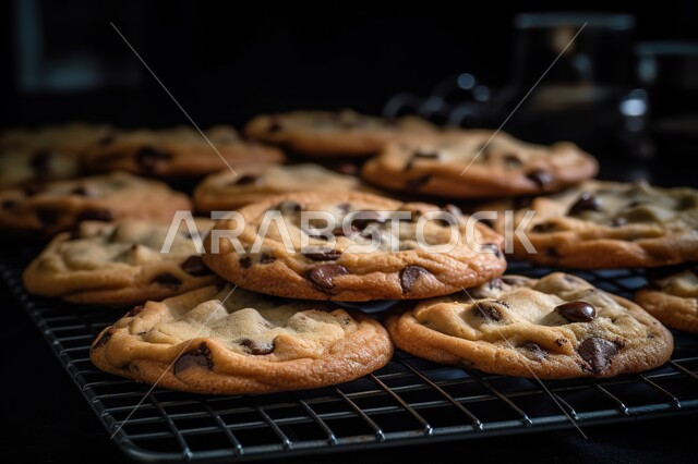 كومة من رقائق الشوكولاتة الطازجة مع حبات الشوكولاتة الصغيرة في الأعلى, حلويات وسكريات طازجة , مأكولات شهية ولذيذة , خلفية سوداء .