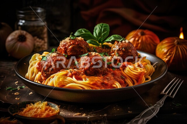 صورة مقربه لطبق من المعكرونة الساخنة مغطاة بصلصة الطماطم وكرات اللحم ,  وجبات الطعام الشهية اللذيذة , مأكولات سريعة و عربيه .