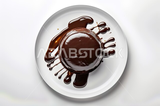 منظر رأسي عمودي من الزجاج المملوء بالشوكولاتة السائلة على طبق أبيض,  حلويات وسكريات, التحلاية, خلفية بيضاء .