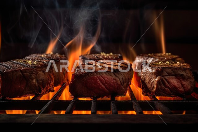 Delicious grilled meat pieces, close-up of fire grilled steaks, grilled meal, delicious meals, oriental Arabic restaurants and food, delicious Arabic food, grilled restaurant, black background