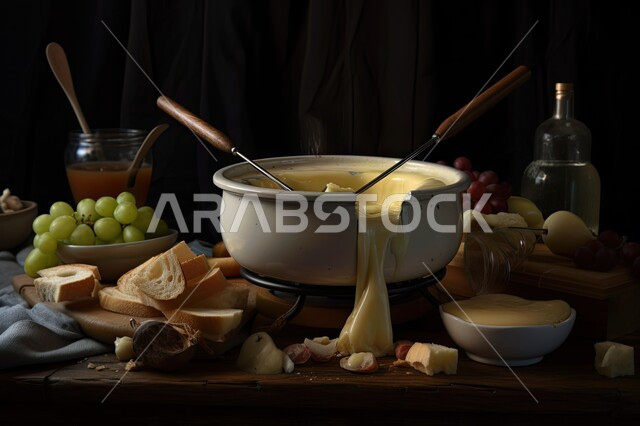 طبق من الجبنه الساخنه الذائبه, وعاء زجاجي من فندو الجبن السائل,  سناك ومقبلات صحيه  خفيفه, وجبة  عشاء بسيطه, خلفيه سوداء