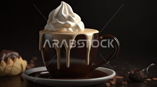 مشروبات شتوية ساخنة, كوب من الشوكولاتة الساخنة المملوء بالكريما المزينة بالشوكلاته، حبات الشوكولا المتناثرة، خلفية سوداء.