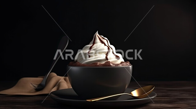 كوب من الشوكولاتة الساخنة المملوء بالكريما المزينة بالشوكلاته، مشروبات شتوية ساخنة, خلفية سوداء.