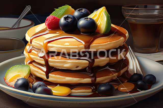 حلوى محلية و سكريات شهية، طبق من حلوى البان كيك مع التوت البري، وجبة الفطور اللذيذة، فطائر طازجة