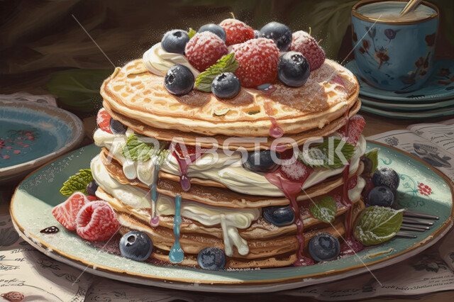 وجبة الفطور اللذيذة، حلوى محلية و سكريات شهية، طبق من حلوى البان كيك مع التوت البري، فطائر طازجة