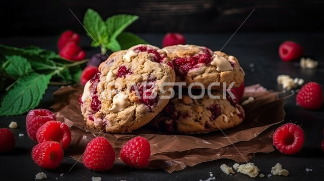 Scattered berries, raspberry flavored ice cream, pink ice cream plate with biscuits, cool summer sweets and refreshments, fresh ice cream.