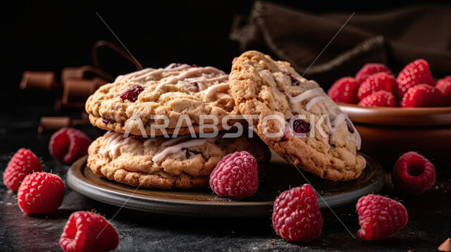 طبق البوظة الوردية مع البسكويت, حبات التوت المتناثرة , ايس كريم بنكهة توت العليق، حلويات ومرطبات صيفية باردة، ايس كريم طازج.