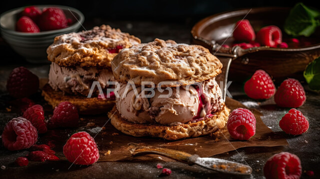 حبات التوت المتناثرة , ايس كريم بنكهة توت العليق، طبق البوظة الوردية مع البسكويت، حلويات ومرطبات صيفية باردة، ايس كريم طازج.