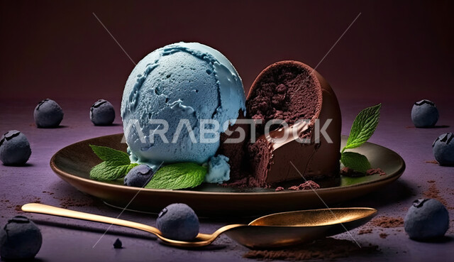 طبق ايس كريم بنكهة الكاكاو و جوز الهند، ايس كريم الشوكلاتة مع حبات التوت البري المتناثرة، طبق البوظة البني، حلويات صيفية باردة، ايس كريم طازج، مرطبات صيفية, خلفيه بنية .
